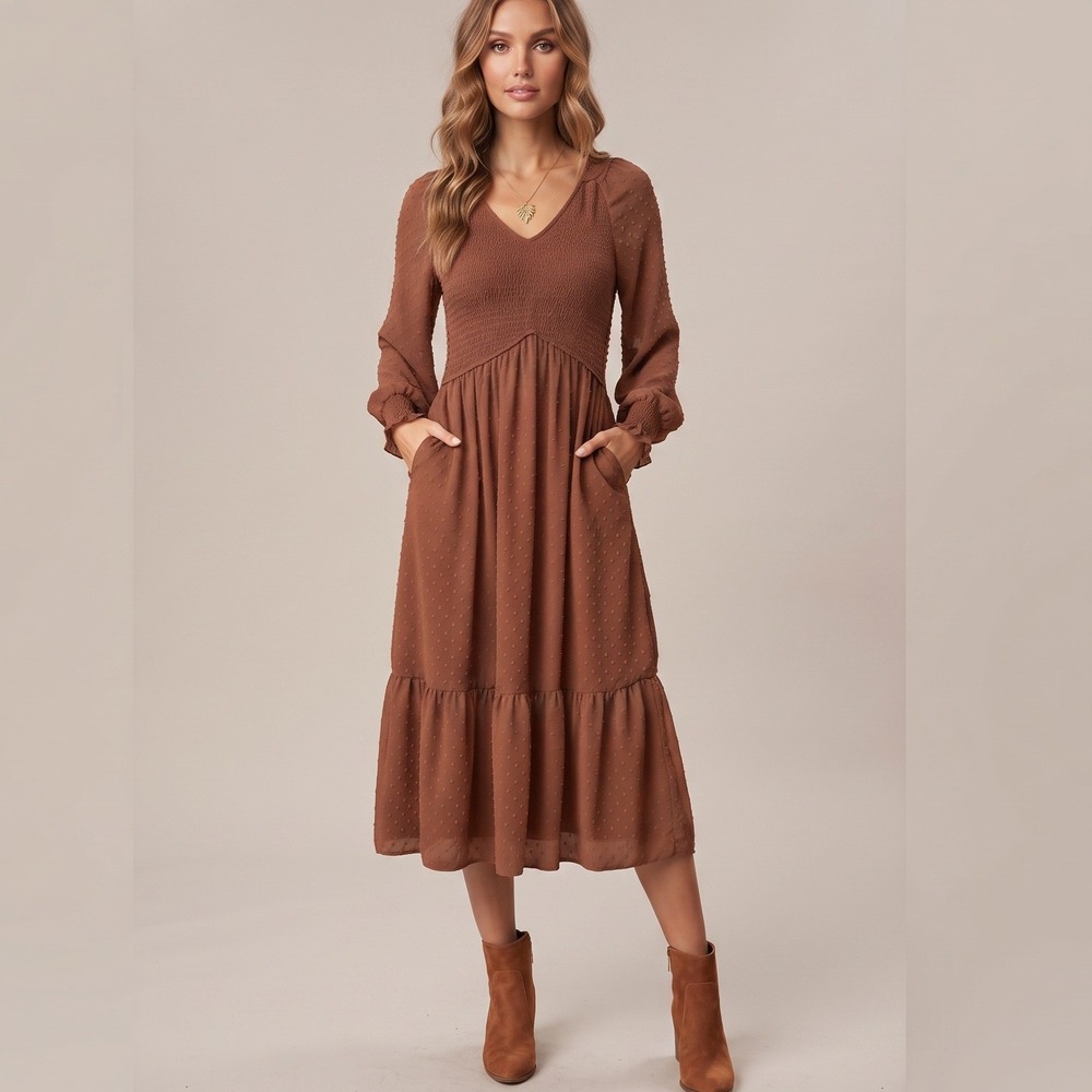 Fashion Swiss Dot Smocked Midi Dress Womens Small Rust Excellent V-Neck Boho